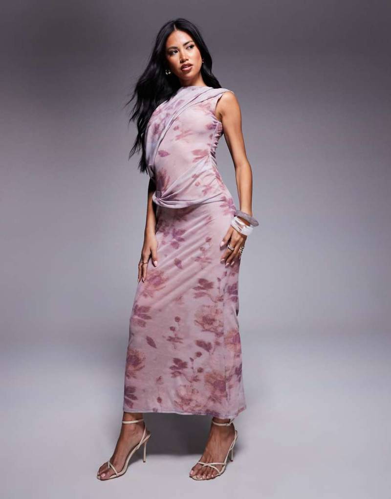 ASOS DESIGN - Midikleid aus Mesh mit Blumen-Print in verschwommener Optik und One-Shoulder-Träger-Bunt von ASOS DESIGN