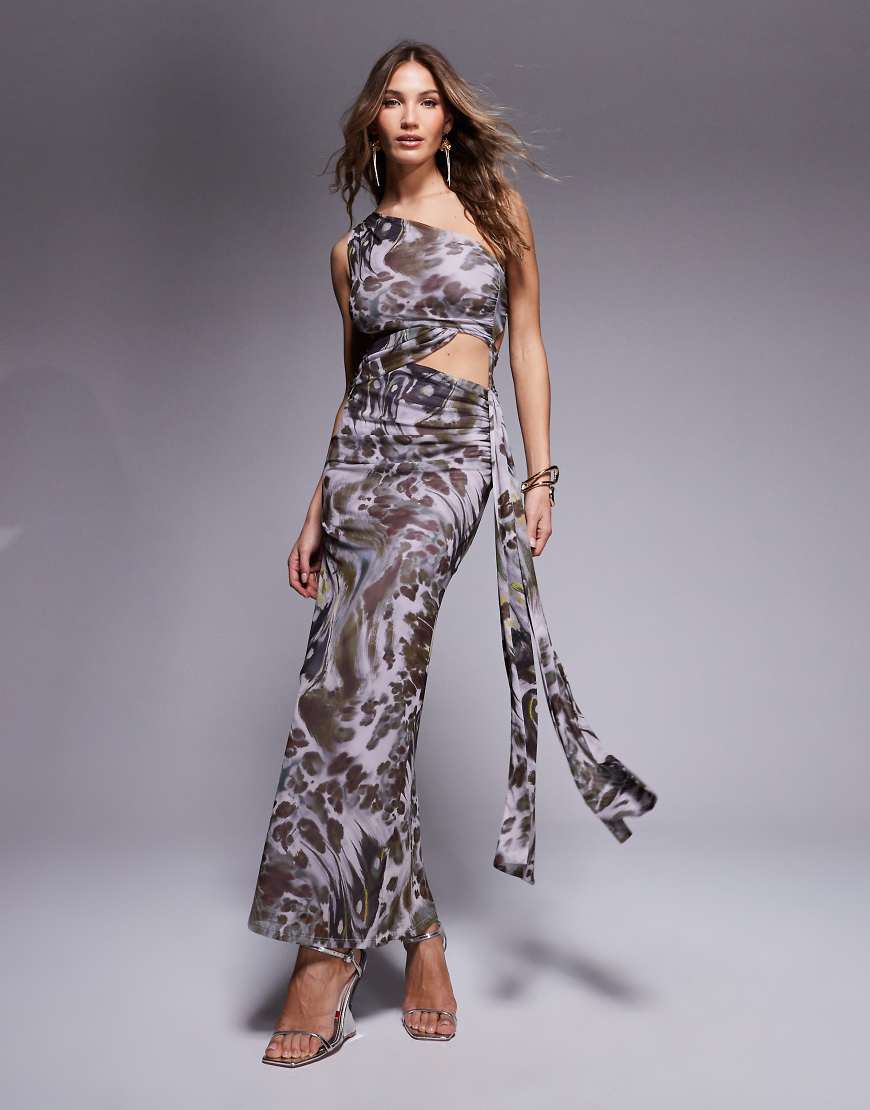 ASOS DESIGN - Midikleid aus Mesh mit abstraktem Wirbelprint, asymmetrischem One-Shoulder-Träger und langen Bindeband-Bunt von ASOS DESIGN