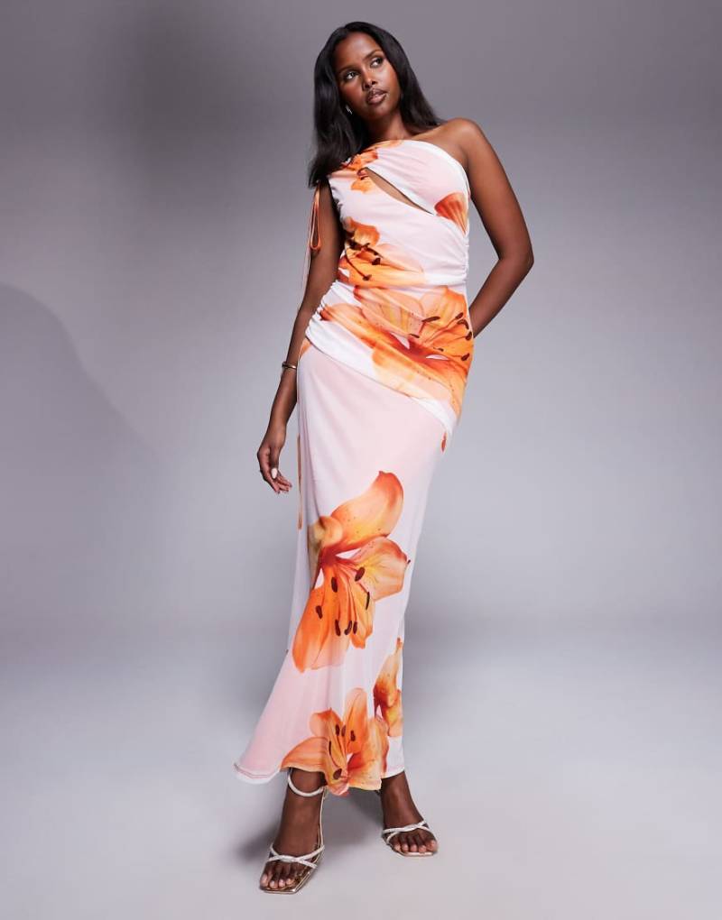 ASOS DESIGN- Midikleid aus Netzstoff in Weiß mit gebundenem One-Shoulder-Träger, U-Boot-Ausschnitt und Blumenprint-Bunt von ASOS DESIGN