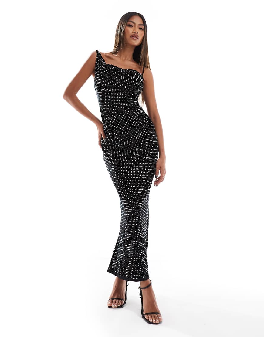 ASOS DESIGN - Midikleid aus Samt in Schwarz mit asymmetrischem, drapiertem Ausschnitt und Verzierung-Grau von ASOS DESIGN