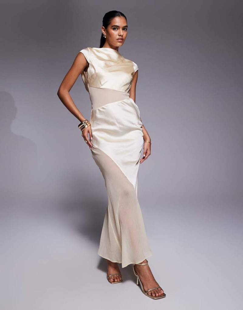 ASOS DESIGN - Midikleid aus Satin in Buttermilchgelb mit Kappärmeln und transparenten Einsätzen aus Chiffon von ASOS DESIGN