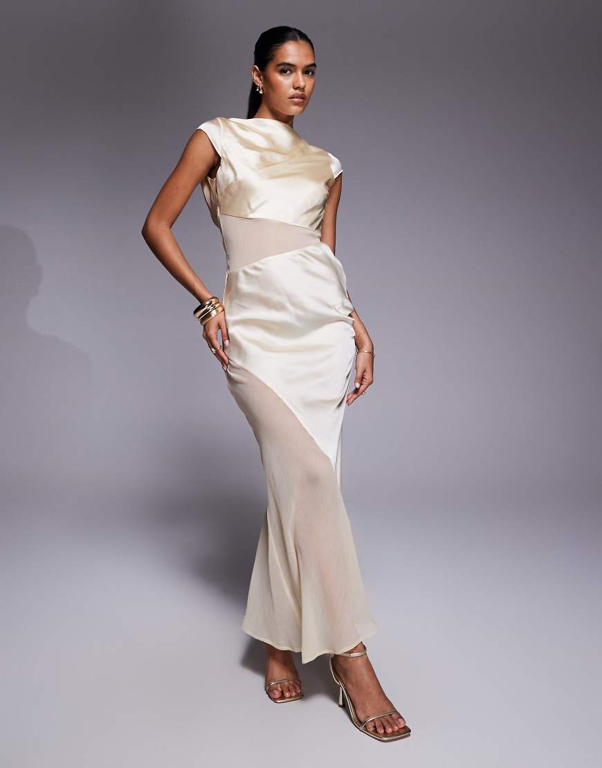 ASOS DESIGN - Midikleid aus Satin in Buttermilchgelb mit Kappärmeln und transparenten Einsätzen aus Chiffon von ASOS DESIGN