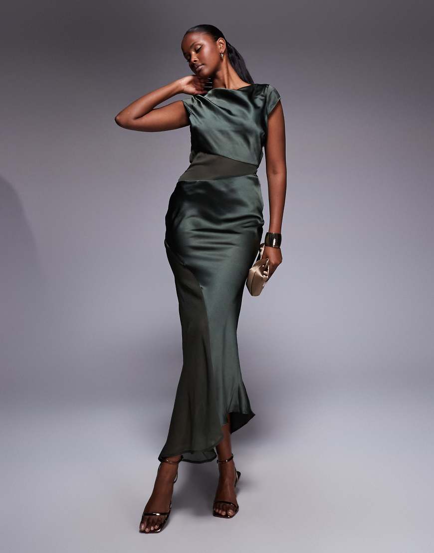 ASOS DESIGN - Midikleid aus Satin in Khaki mit Kappärmeln und transparenten Einsätzen aus Chiffon-Grün von ASOS DESIGN