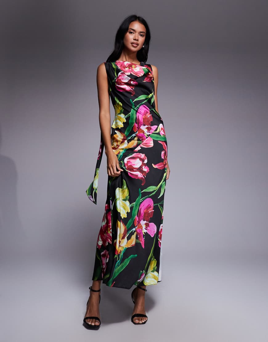 ASOS DESIGN - Midikleid aus Satin mit schwarzem Blumenprint, drapiertem Ausschnitt und langem Bindeband am Rücken-Bunt von ASOS DESIGN