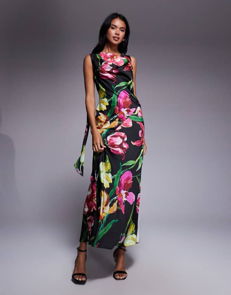 ASOS DESIGN - Midikleid aus Satin mit schwarzem Blumenprint, drapiertem Ausschnitt und langem Bindeband am Rücken-Bunt von ASOS DESIGN