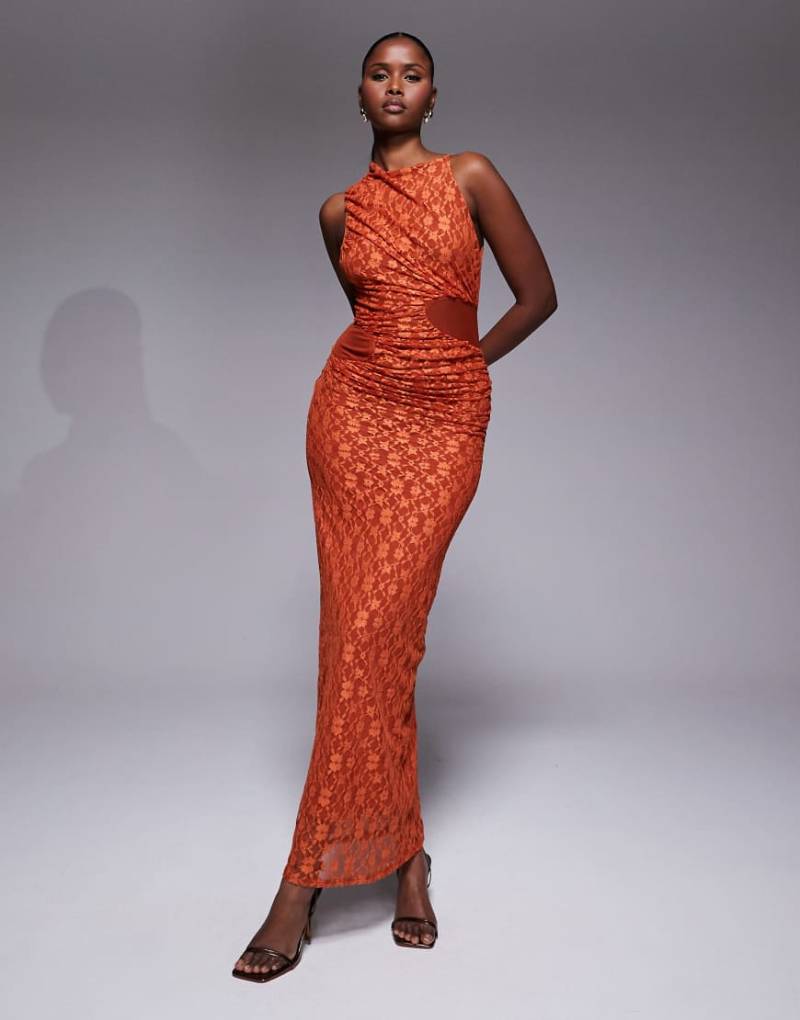 ASOS DESIGN - Midikleid aus Spitze in Rostrot mit Drapierung, Wasserfallausschnitt und Cut-Outs mit Netzstoff-Orange von ASOS DESIGN