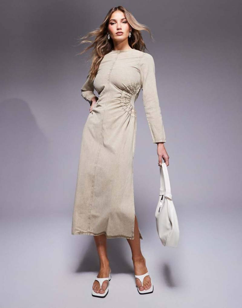 ASOS DESIGN - Midikleid aus Twill in steinbeiger Acid-Waschung mit kreisförmigen Seitendetails-Braun von ASOS DESIGN