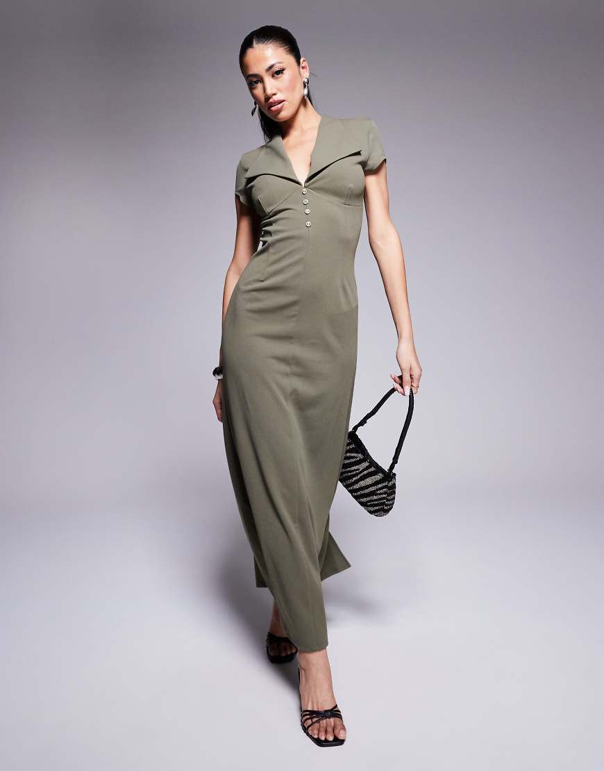 ASOS DESIGN - Midikleid aus neoprenartigem Material in Khaki mit Kragen, Knöpfen und Kappärmeln-Grün von ASOS DESIGN