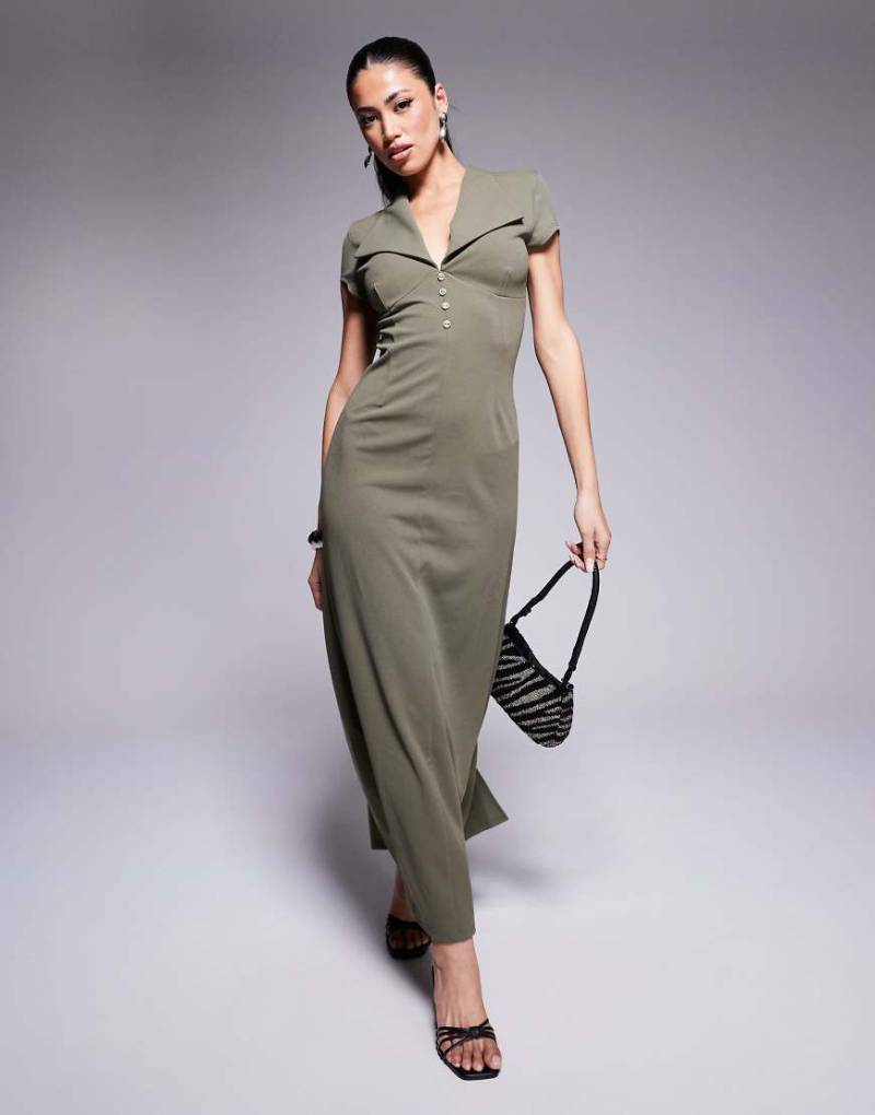 ASOS DESIGN - Midikleid aus neoprenartigem Material in Khaki mit Kragen, Knöpfen und Kappärmeln-Grün von ASOS DESIGN
