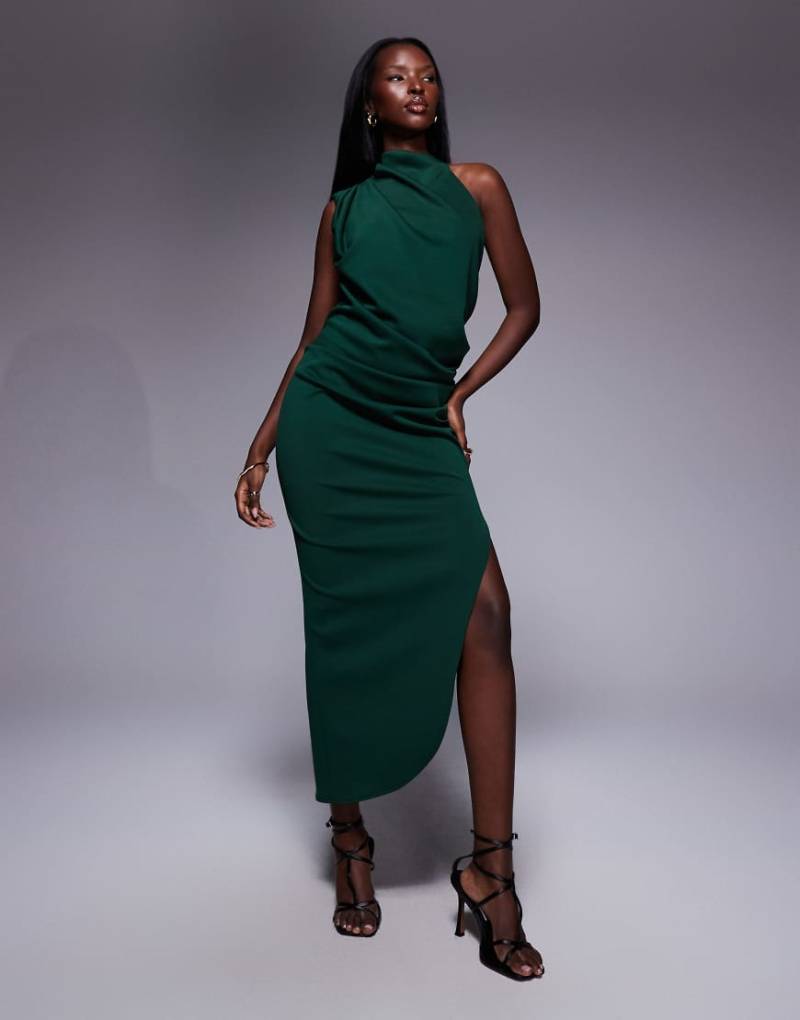 ASOS DESIGN - One-Shoulder-Midikleid in Dunkelgrün aus Stoff in Neoprenoptik von ASOS DESIGN