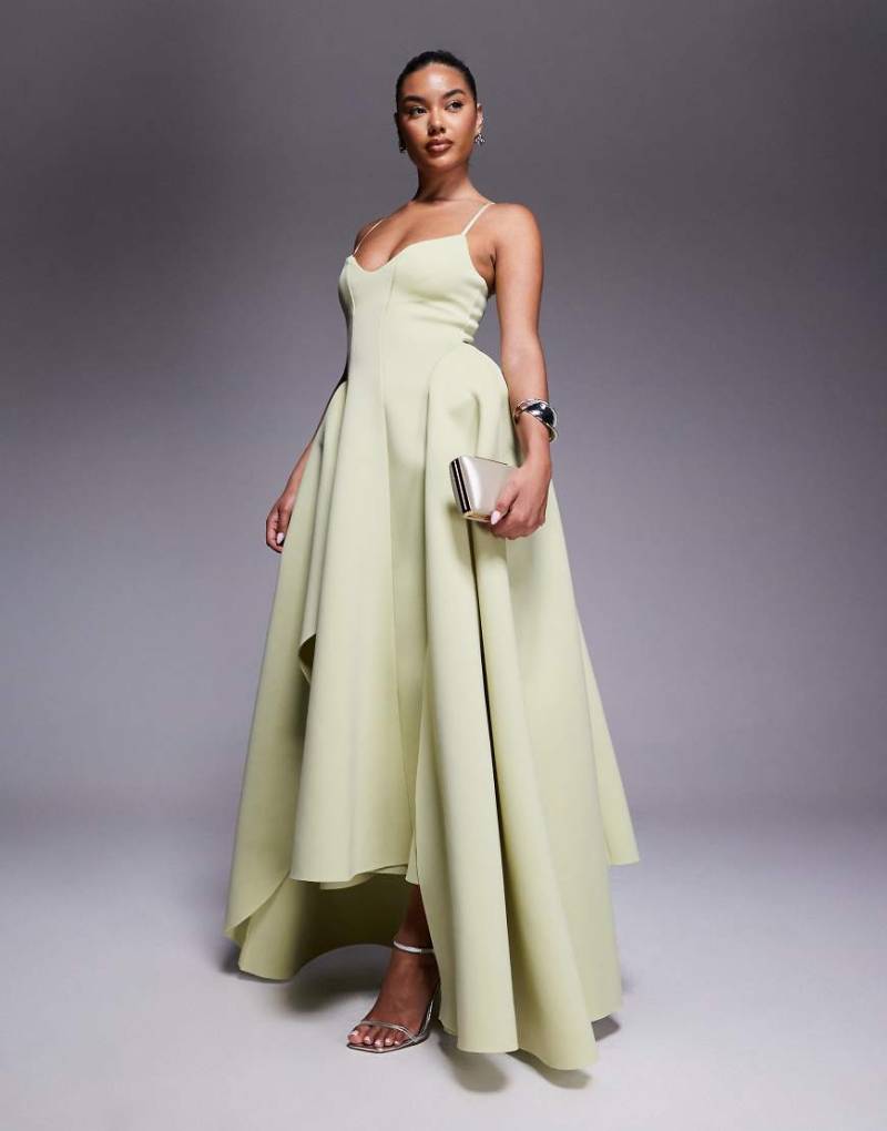 ASOS DESIGN - Premium - Midikleid aus neoprenartigem Stoff in Pistaziengrün mit Camisole-Trägern und weitem, schwingendem, asymmetrischem Saum von ASOS DESIGN