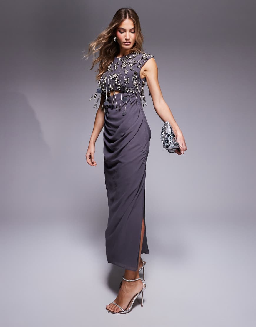 ASOS DESIGN - Midikleid in Anthrazit mit Cluster-Verzierung am Oberteil und drapiertem Rock-Grau von ASOS DESIGN