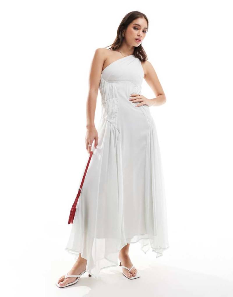 ASOS DESIGN - Midikleid in Blassgrau mit One-Shoulder-Träger und seitlichen gerafften Einsätzen-Weiß von ASOS DESIGN
