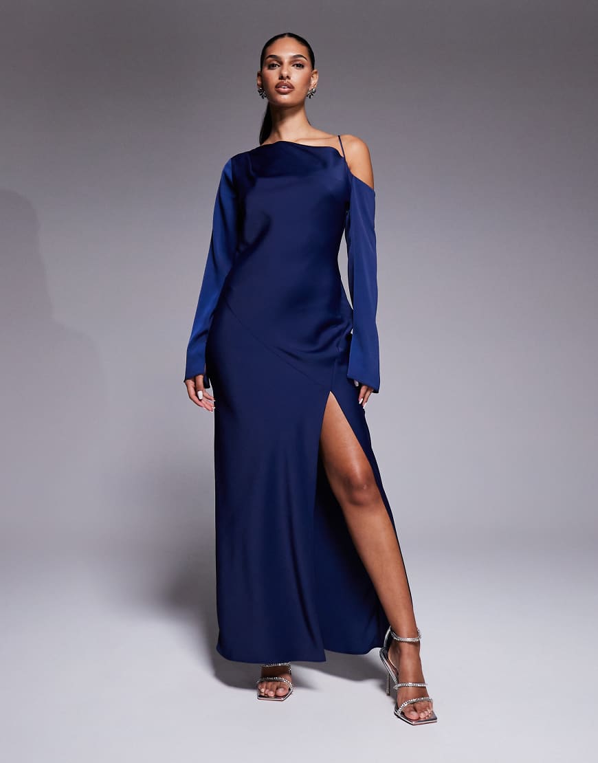 ASOS DESIGN - Midikleid in Blau mit asymmetrischem Ausschnitt und Bindeband am Rücken-Marineblau von ASOS DESIGN