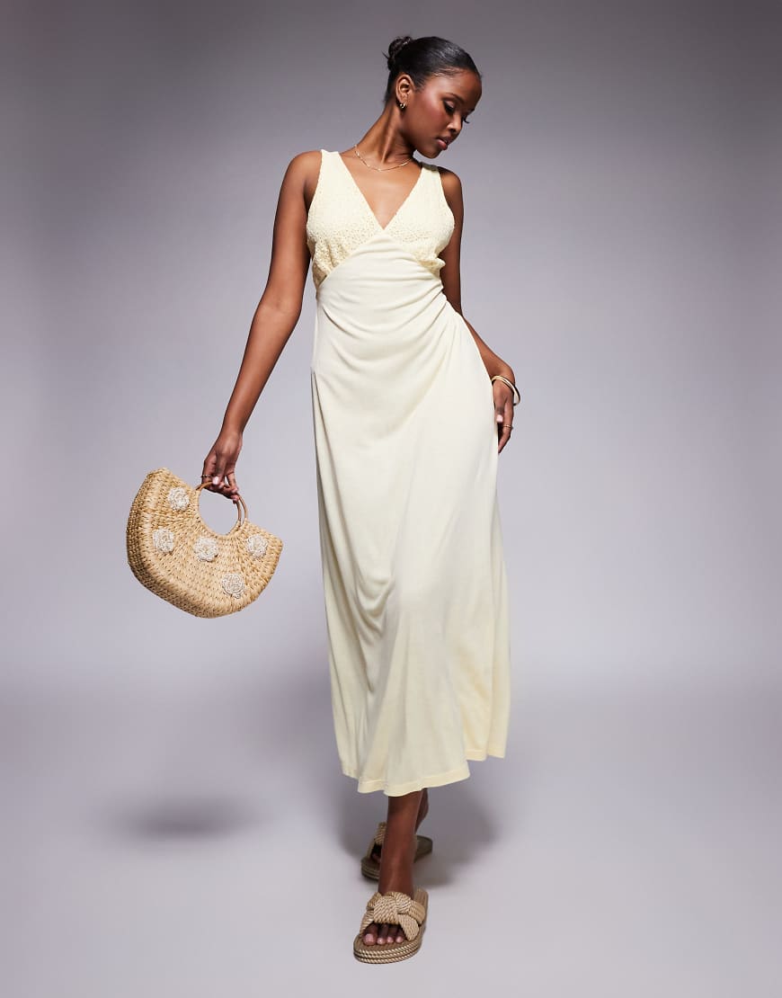 ASOS DESIGN - Midikleid in Buttermilchgelb mit Spitzenmieder und V-Ausschnitt von ASOS DESIGN