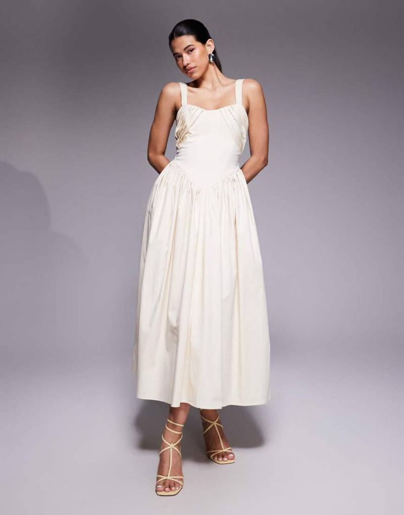 ASOS DESIGN - Midikleid in Elfenbein mit strukturiertem Bustier-Detail und weitem Rock-Weiß von ASOS DESIGN