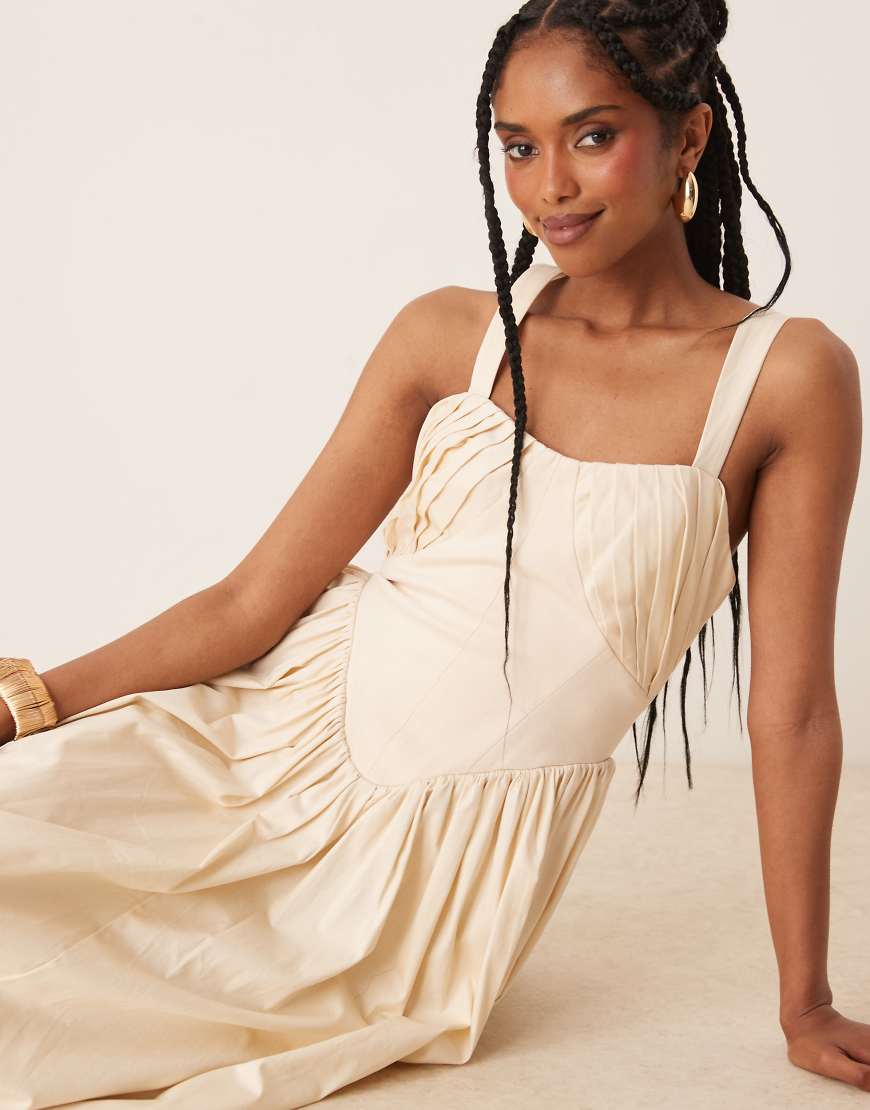 ASOS DESIGN - Midikleid in Elfenbein mit strukturiertem Bustier-Detail und weitem Rock-Weiß von ASOS DESIGN