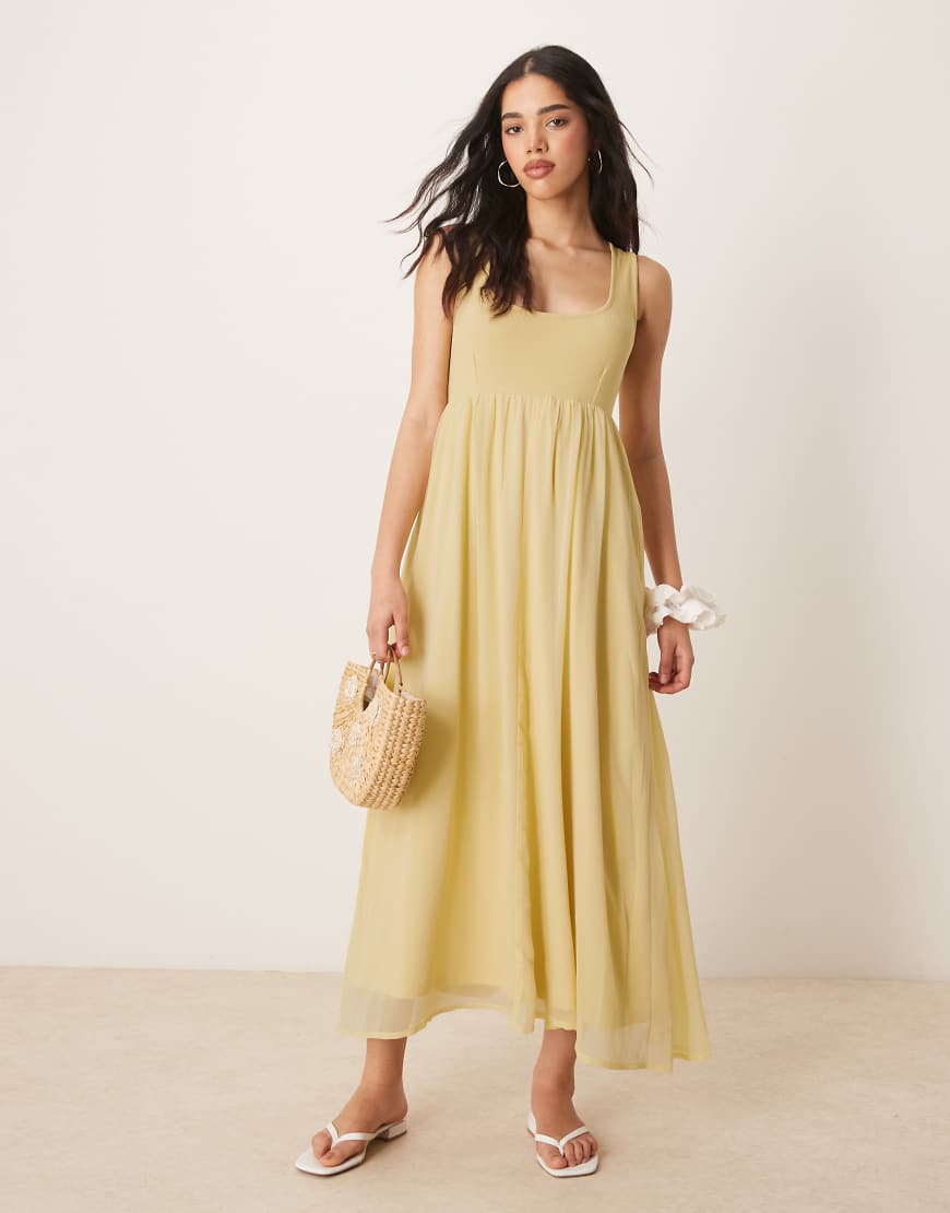 ASOS DESIGN - Midikleid in Gelb mit Chiffonrock und fein gerippter Brustpartie ASOS DESIGN - Midikleid in Gelb mit Chiffonrock und fein gerippter Brustpartie von ASOS DESIGN