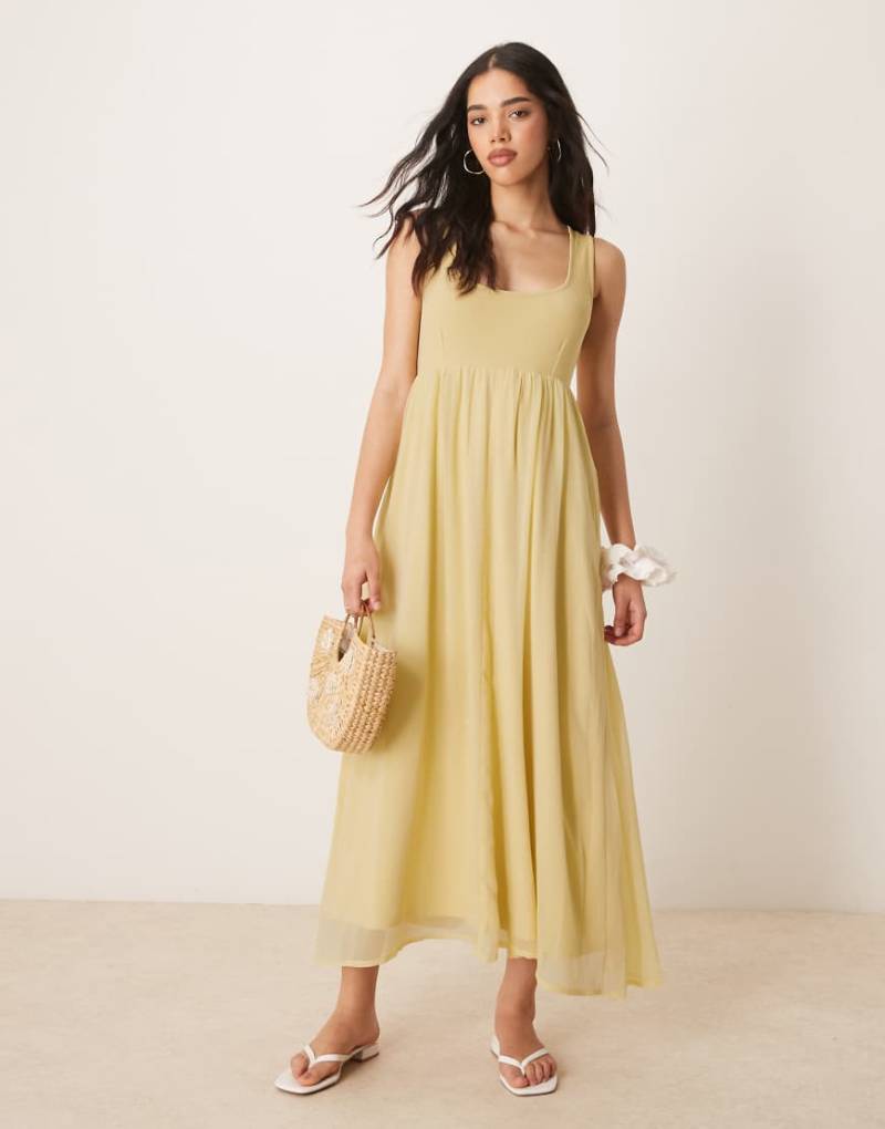 ASOS DESIGN - Midikleid in Gelb mit Chiffonrock und fein gerippter Brustpartie von ASOS DESIGN