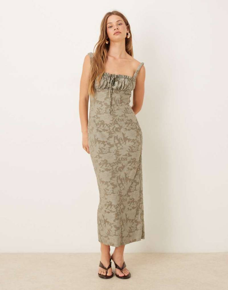 ASOS DESIGN - Midikleid in Khaki mit Ausbrennermuster und gerüschtem Korsett-Detail-Grün von ASOS DESIGN