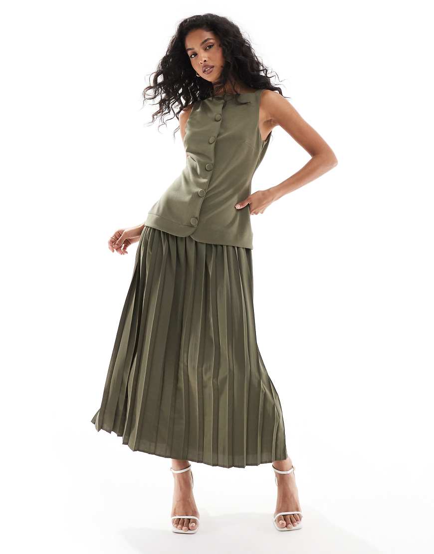 ASOS DESIGN - Midikleid in Khaki mit Faltenrock und Knopfleiste-Grün ASOS DESIGN - Midikleid in Khaki mit Faltenrock und Knopfleiste-Grün von ASOS DESIGN