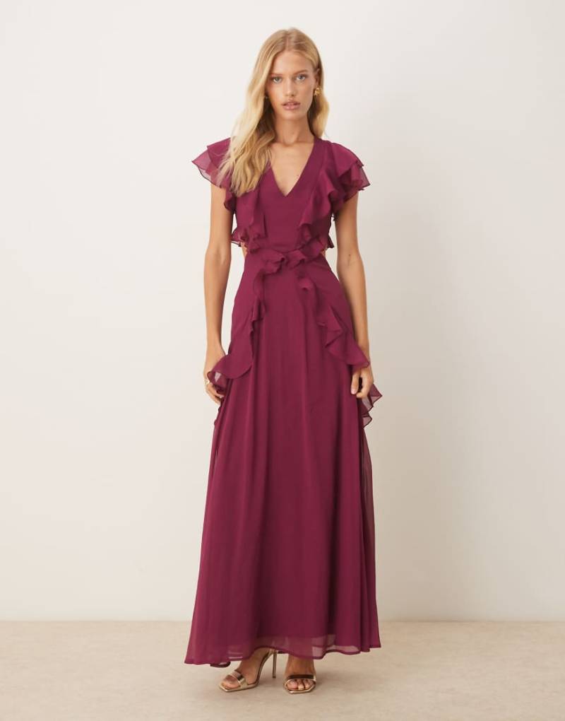 ASOS DESIGN - Midikleid in Lila mit Zierausschnitt, Flatterärmeln und Rüschen ASOS DESIGN - Midikleid in Lila mit Zierausschnitt, Flatterärmeln und Rüschen von ASOS DESIGN