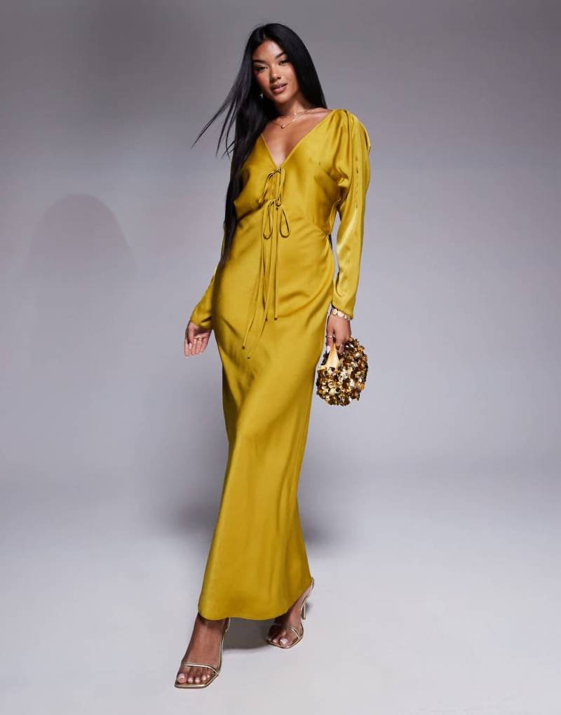 ASOS DESIGN - Midikleid in Ocker mit gebundener Vorderseite und Fledermausärmeln-Grün von ASOS DESIGN