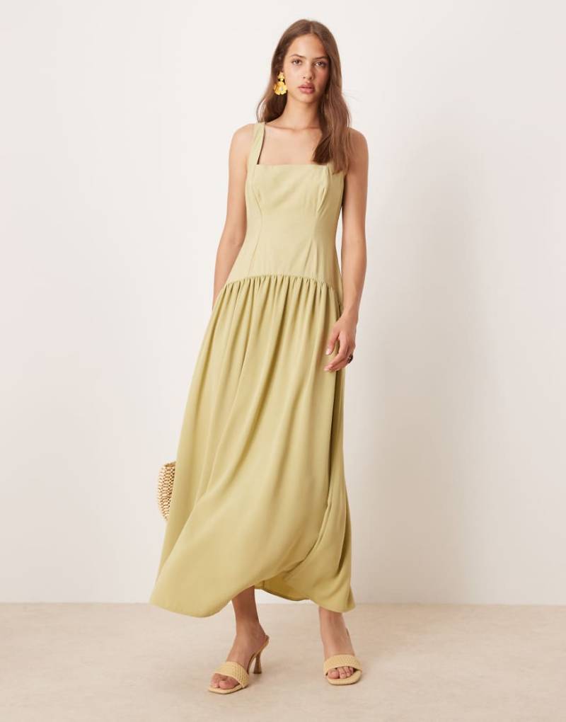ASOS DESIGN - Midikleid in Olivgrün mit eckigem Ausschnitt und tiefer Taille von ASOS DESIGN