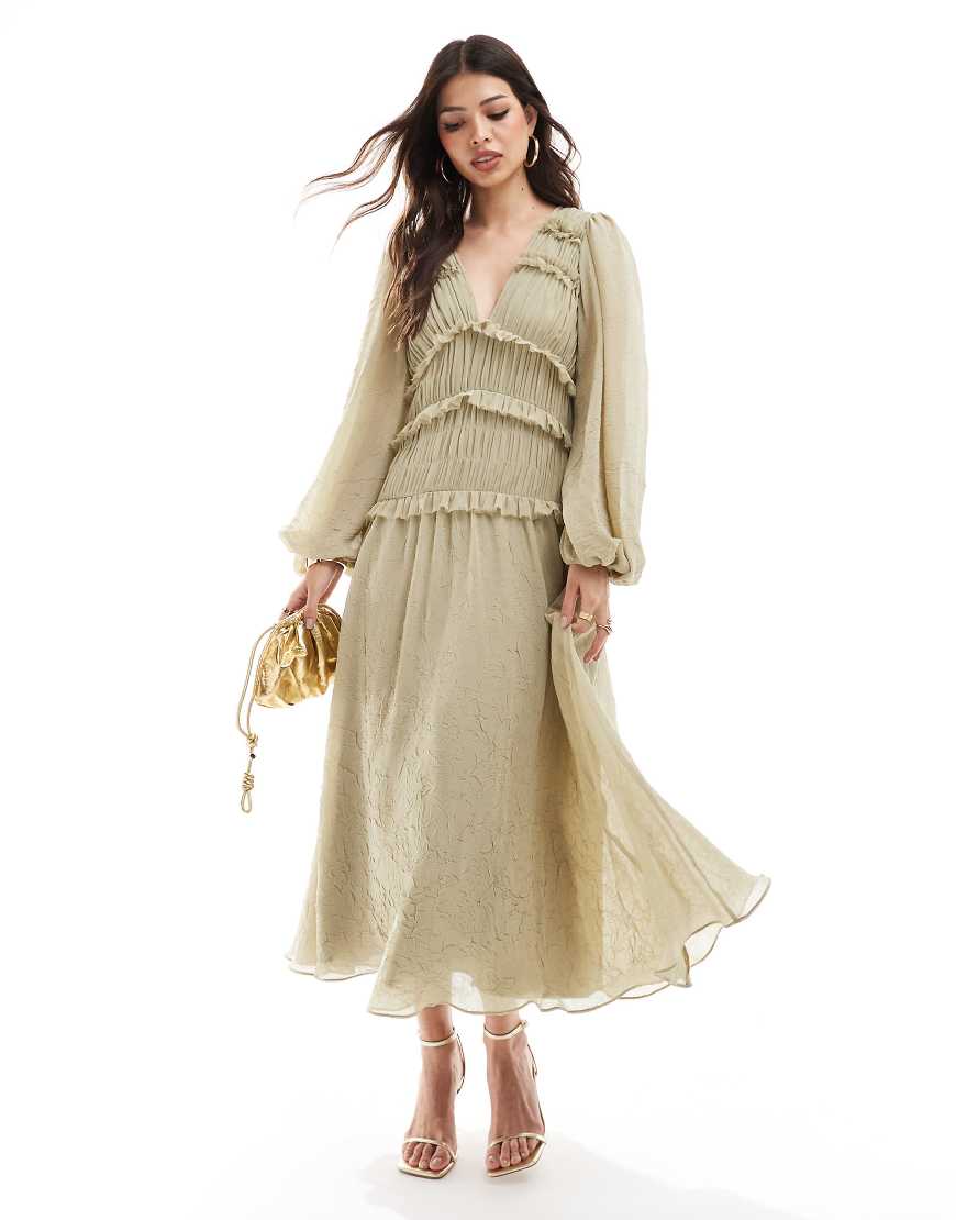 ASOS DESIGN - Midikleid in Olivgrün mit tiefem Ausschnitt und Rüschen von ASOS DESIGN