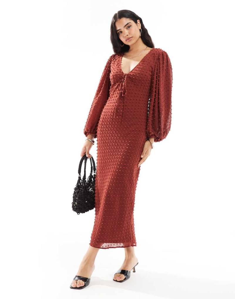 ASOS DESIGN - Midikleid in Rostrot mit Noppenstruktur und Ballonärmeln-Keine Farbe von ASOS DESIGN