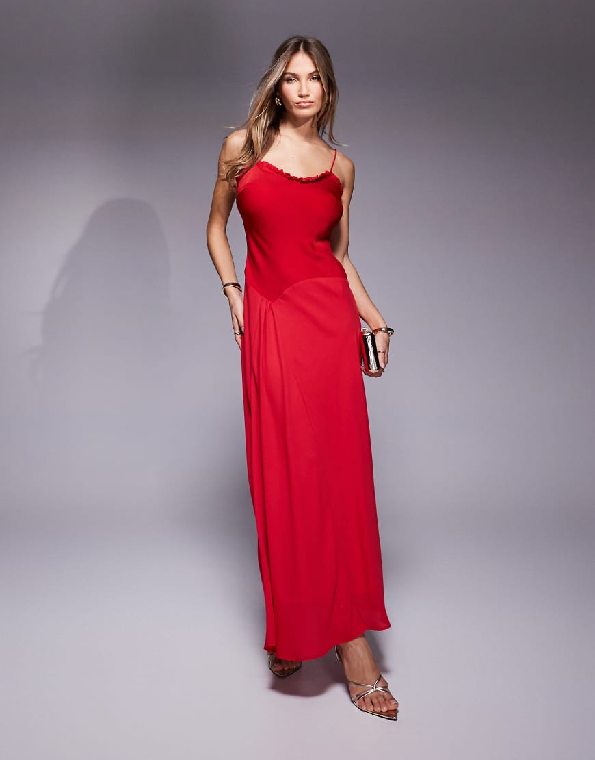 ASOS DESIGN - Midikleid in Rot mit Rüschenausschnitt, Satin-Oberteil und weitem Chiffon-Rock von ASOS DESIGN
