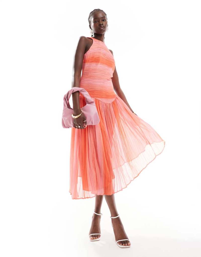 ASOS DESIGN - Midikleid in Rot und Rosa mit gesmoktem Oberteil und Streifen-Bunt von ASOS DESIGN