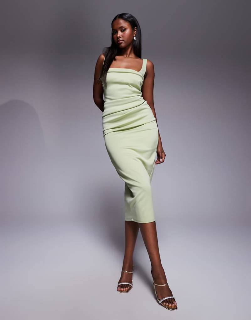 ASOS DESIGN - Midikleid aus neoprenartigem Stoff in Salbeigrün mit geschwungenem Ausschnitt und Schlitz von ASOS DESIGN