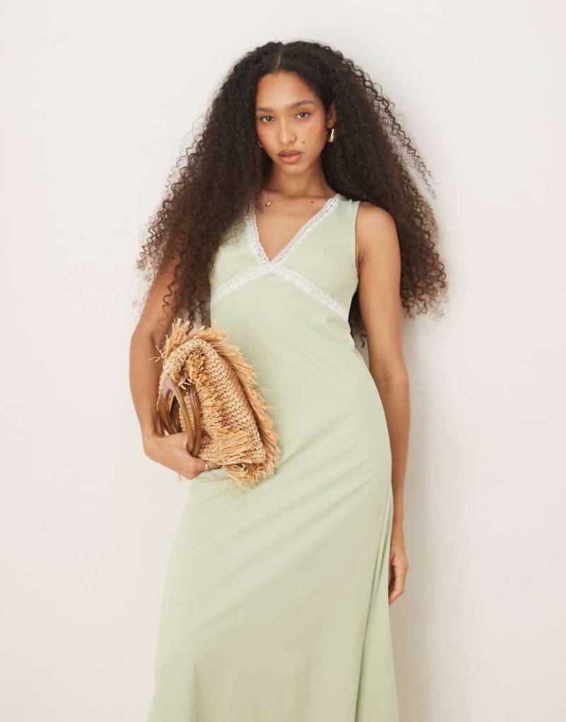 ASOS DESIGN - Midikleid in Salbeigrün mit Spitzeneinsatz und V-Ausschnitt vorne von ASOS DESIGN