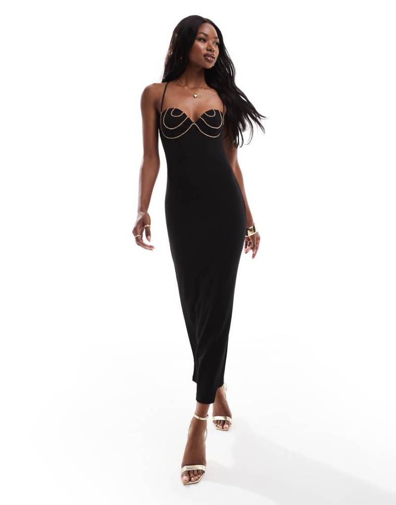 ASOS DESIGN - Midikleid in Schwarz mit Körbchen und bronzefarbener Strassverzierung von ASOS DESIGN