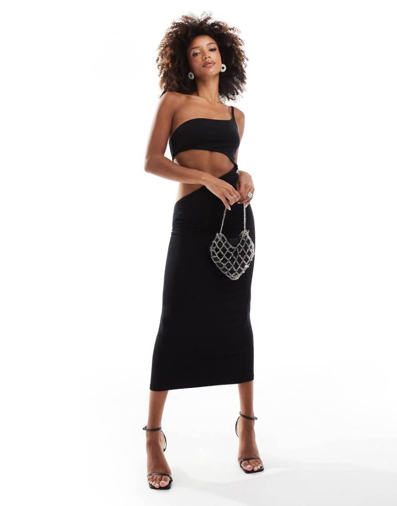 ASOS DESIGN - Midikleid in Schwarz mit One-Shoulder-Träger, welligem Ausschnitt und abgerundetem Zierausschnitt ASOS DESIGN - Midikleid in Schwarz mit One-Shoulder-Träger, welligem Ausschnitt und abgerundetem Zierausschnitt von ASOS DESIGN