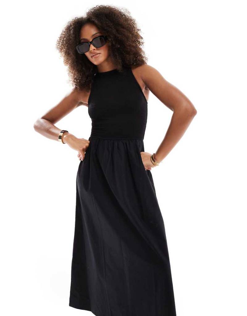 ASOS DESIGN - Midikleid in Schwarz mit Ringerrücken, Oberteil mit Knitterstruktur und Popeline-Rock von ASOS DESIGN