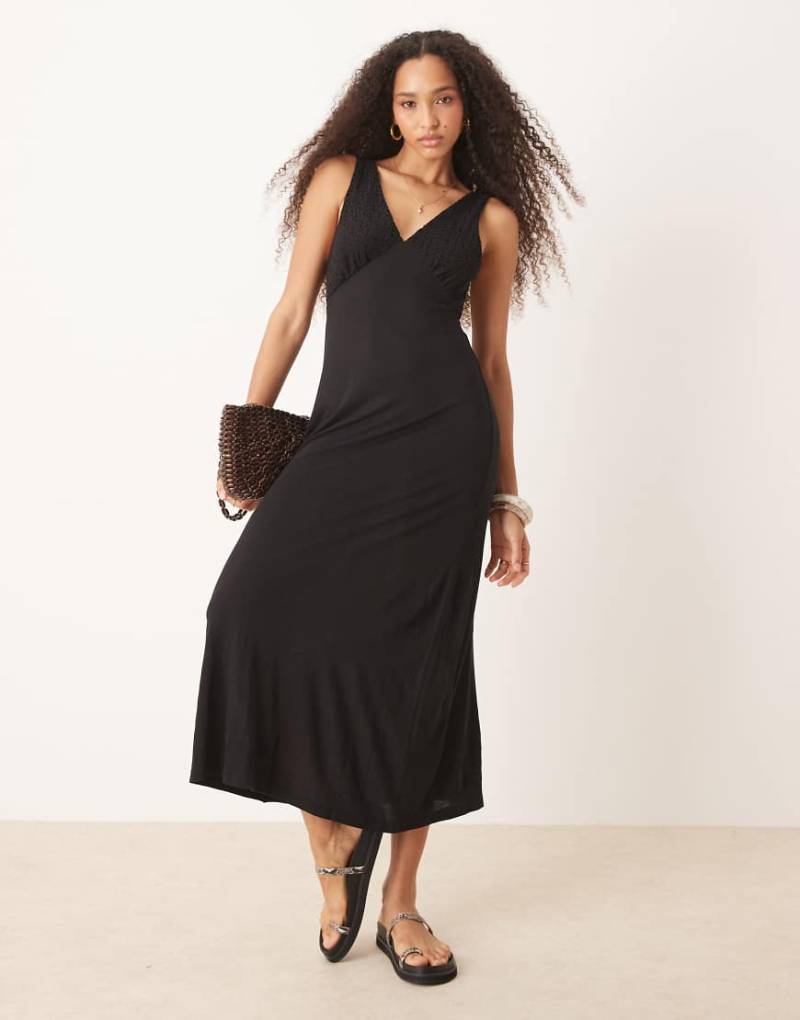 ASOS DESIGN - Midikleid in Schwarz mit Spitzenmieder und V-Ausschnitt von ASOS DESIGN