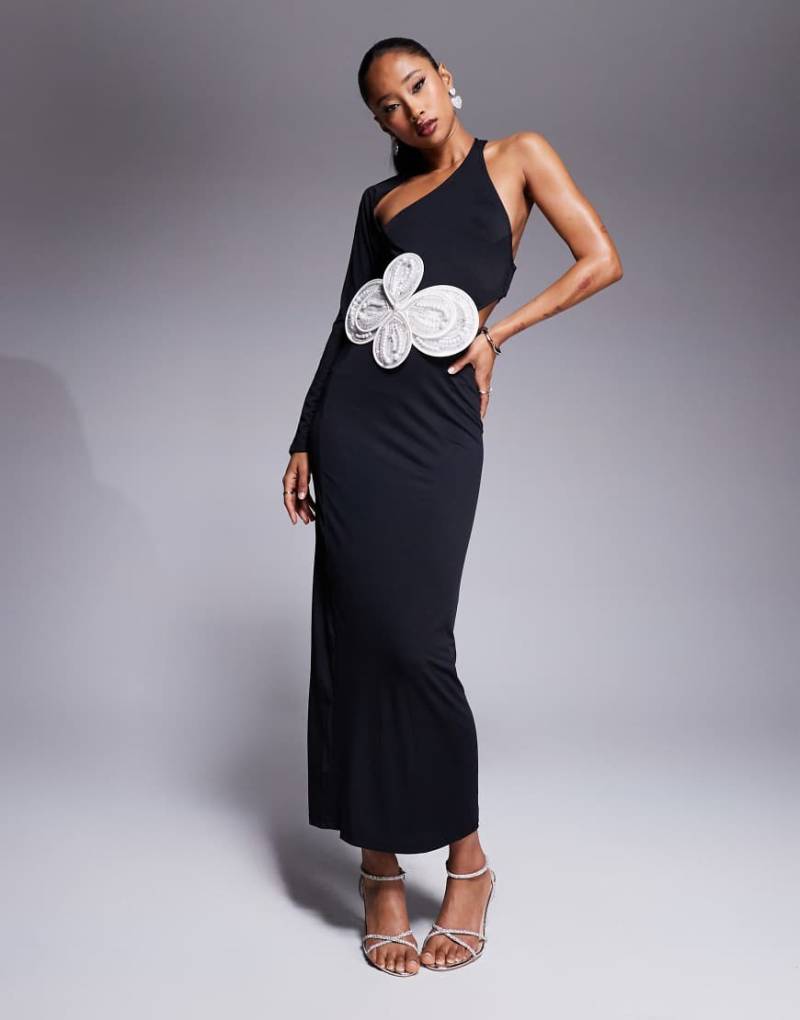 ASOS DESIGN - Midikleid in Schwarz mit Wickel-Design, One-Shoulder-Träger und überdimensionaler, farblich abgesetzter Blumenverzierung ASOS DESIGN - Midikleid in Schwarz mit Wickel-Design, One-Shoulder-Träger und überdimensionaler, farblich abgesetzter Blumenverzierung von ASOS DESIGN