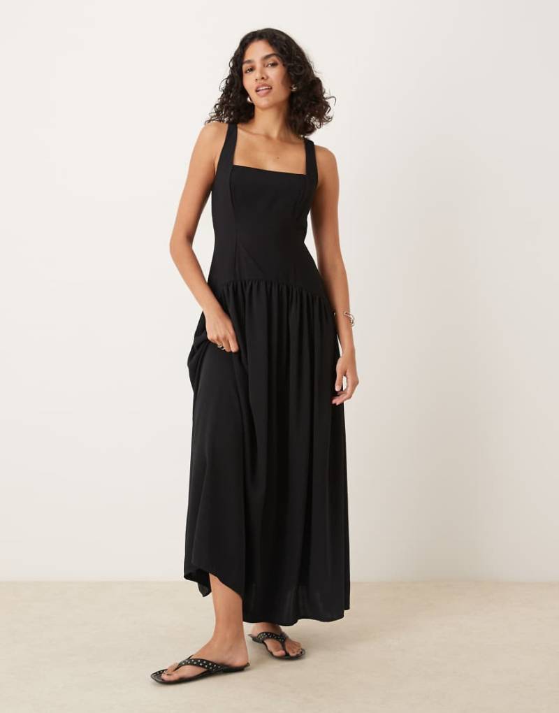 ASOS DESIGN - Midikleid in Schwarz mit eckigem Ausschnitt und tiefer Taille von ASOS DESIGN