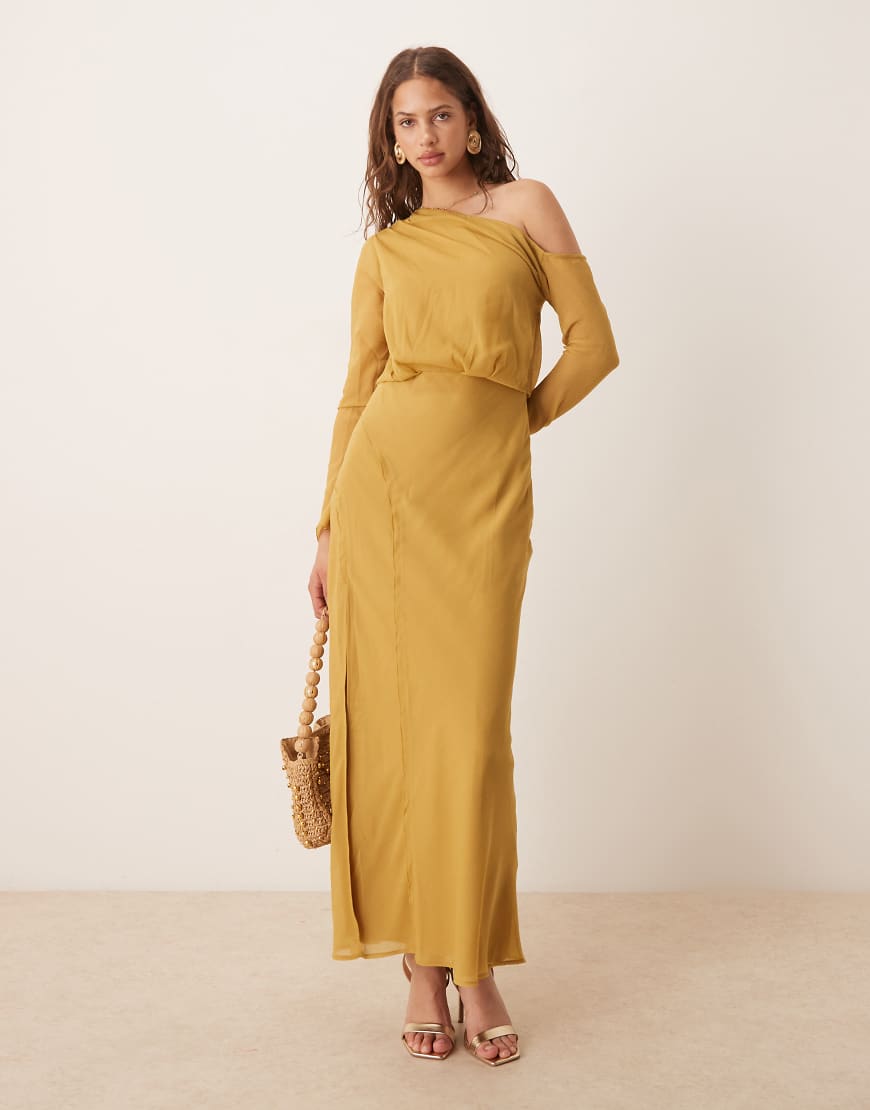 ASOS DESIGN - Midikleid in Senfgelb-Gold mit fallender Schulterpartie, Nahtdetails und Bindegürtel von ASOS DESIGN