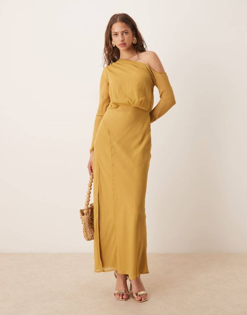 ASOS DESIGN - Midikleid in Senfgelb-Gold mit fallender Schulterpartie, Nahtdetails und Bindegürtel von ASOS DESIGN