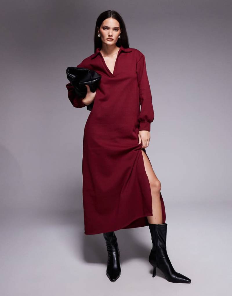 ASOS DESIGN - Midikleid in Weinrot mit Ballonärmeln, Kragen und V-Ausschnitt von ASOS DESIGN