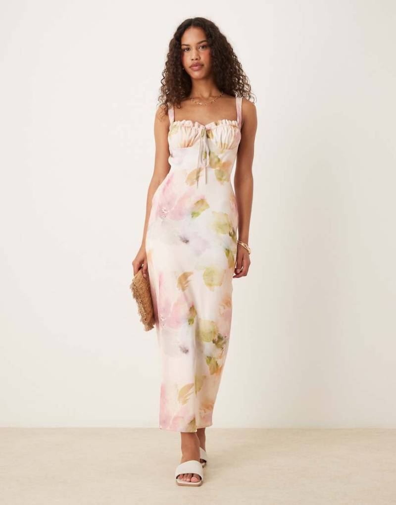 ASOS DESIGN - Midikleid in Zartrosa mit Blumenmuster und geraffter Brustpartie-Bunt von ASOS DESIGN