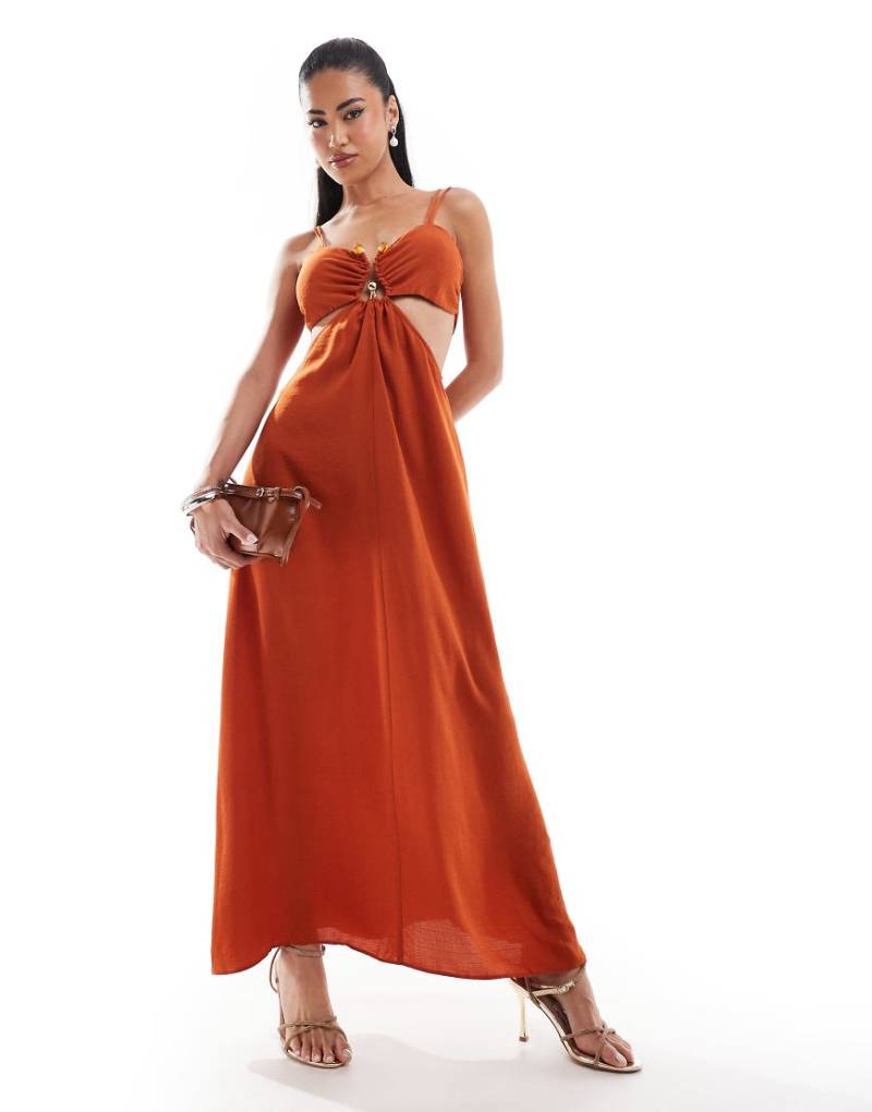ASOS DESIGN - Midikleid in Zimt mit Zierausschnitt und goldfarbenen Metalldetails-Grün von ASOS DESIGN