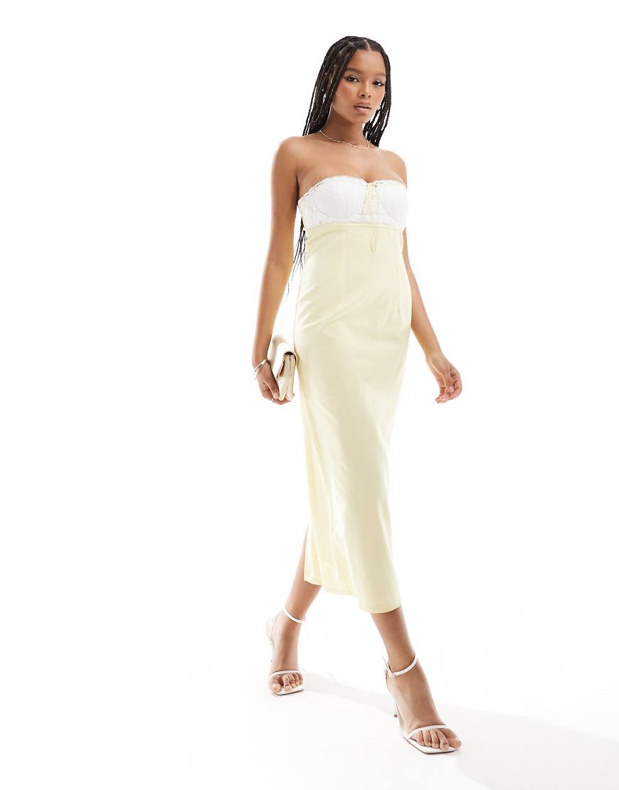 ASOS DESIGN - Midikleid in Zitronengelb mit Spitzeneinsatz und gerafftem Dekolleté ASOS DESIGN - Midikleid in Zitronengelb mit Spitzeneinsatz und gerafftem Dekolleté von ASOS DESIGN