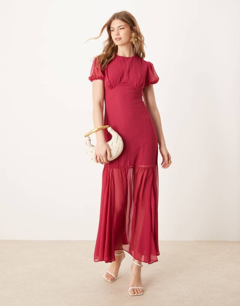 ASOS DESIGN - Midikleid in dunklem Kirschrot mit Puffärmeln von ASOS DESIGN