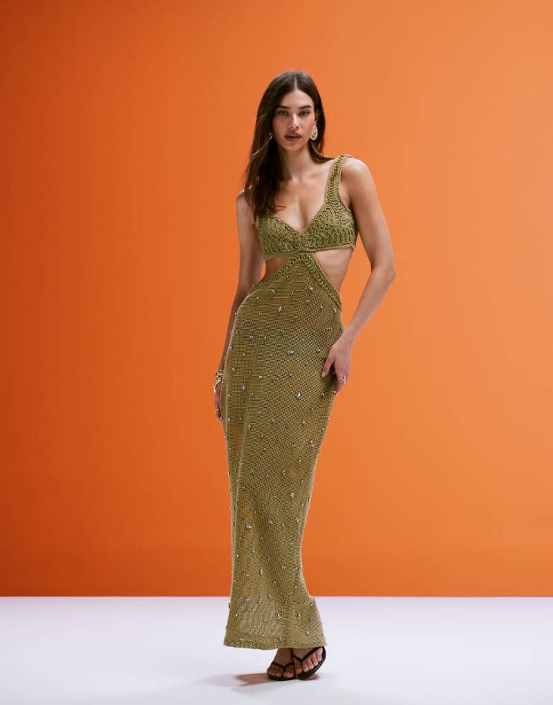 ASOS DESIGN - Midikleid in hellem Khaki mit Kordel-Artwork-Verzierung am Dekolleté-Grün von ASOS DESIGN