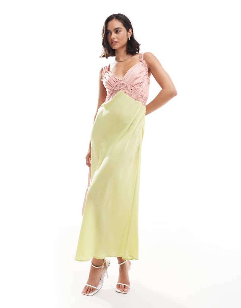 ASOS DESIGN - Midikleid in rosa und grünem Blockfarbendesign mit geraffter Brustpartie und Spitzeneinsatz-Bunt von ASOS DESIGN