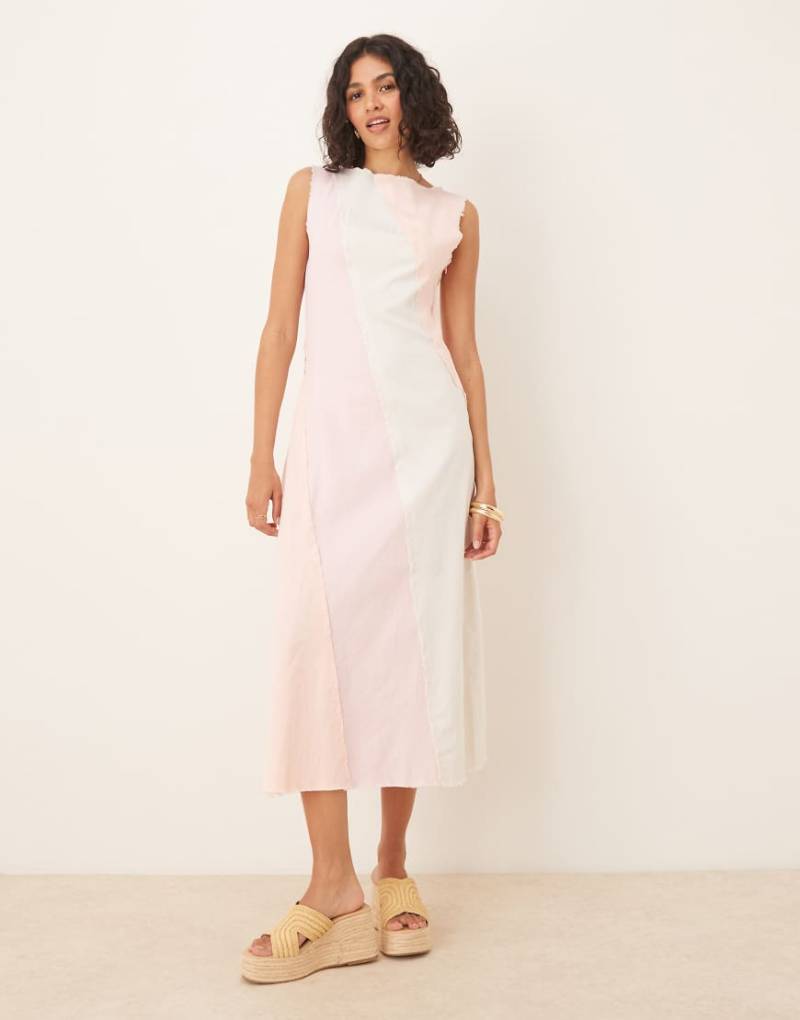 ASOS DESIGN - Midikleid in rosafarbener Jeans-Optik mit A-Linien-Schnitt, unbehandeltem Saum und farblich abgesetzter Bahn von ASOS DESIGN